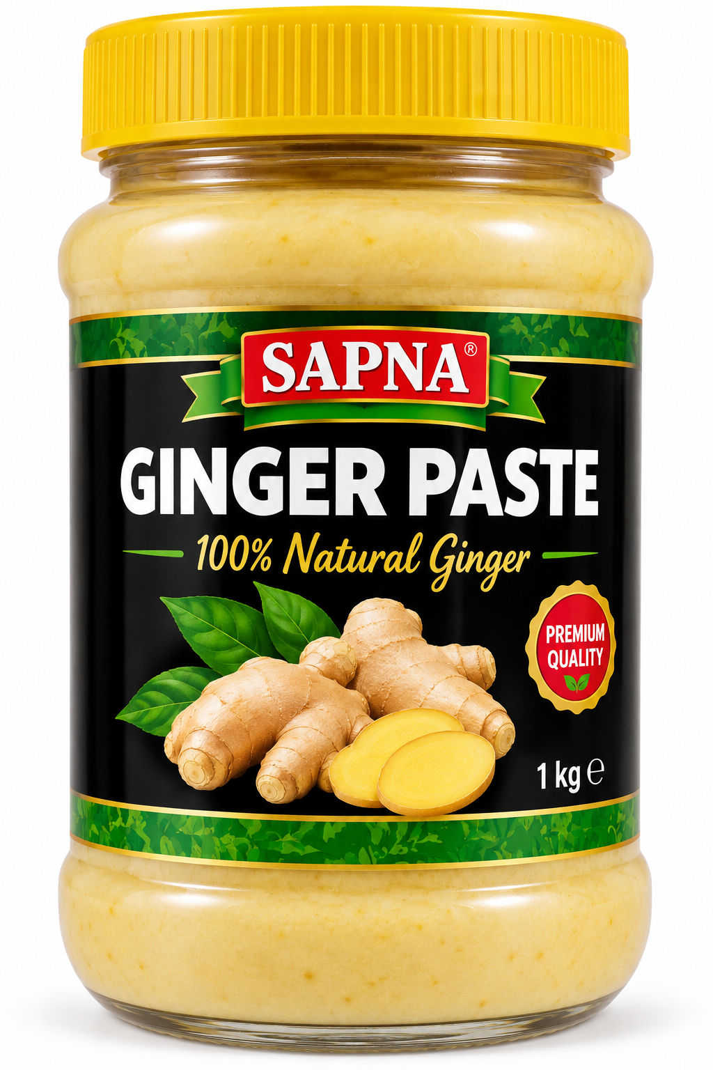 Sapna Ginger Paste 1kg jar with a yellow lid and black-and-green label, featuring fresh ginger roots and slices, suitable for convenient everyday cooking and adding ginger flavour to meals.