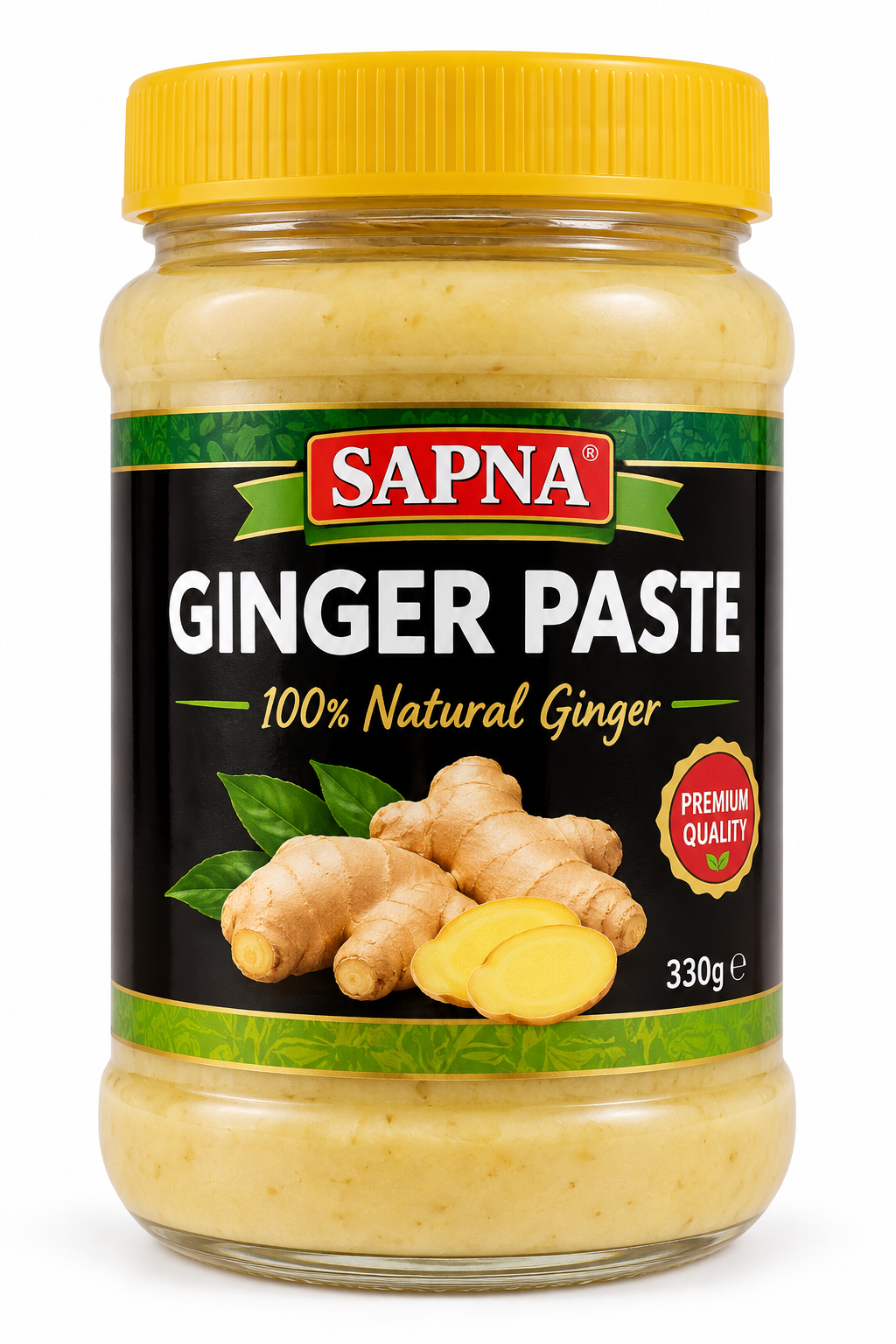 Sapna Ginger Paste 330g jar with a yellow lid and black-and-green label, featuring fresh ginger roots and slices, ideal for convenient cooking and adding ginger flavour to Indian dishes.