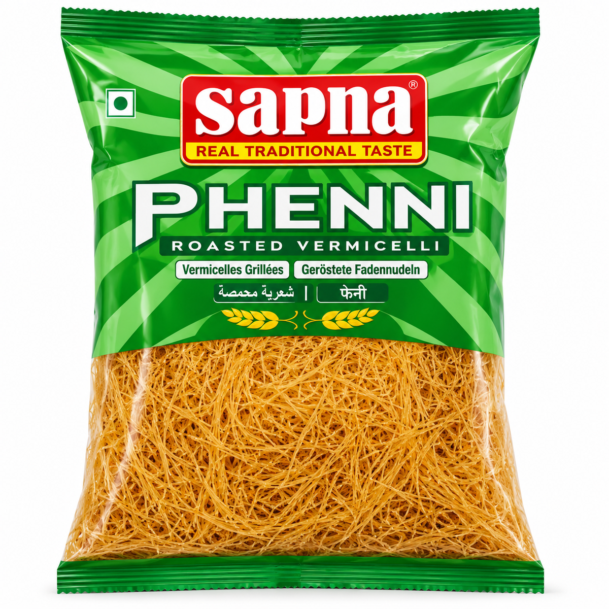 Sapna Phenni 160g packet featuring green packaging with the Sapna logo, roasted vermicelli labelling, wheat illustrations, and a transparent lower section showing golden-brown phenni strands.