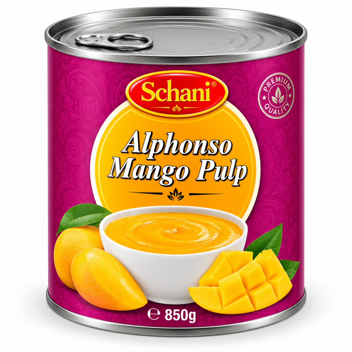 Schani Alphonso Mango Pulp 850g tin featuring a magenta paisley-patterned label, silver pull-tab lid, golden mango pulp in a white bowl, fresh Alphonso mangoes, and a premium quality seal.