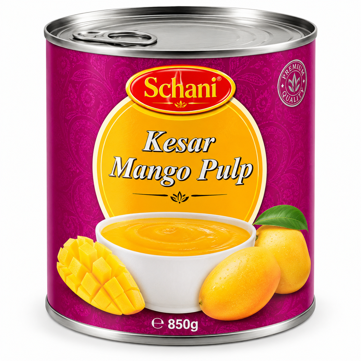 Schani Kesar Mango Pulp 850g tin featuring a magenta patterned label, silver pull-tab lid, golden mango pulp in a white bowl, fresh mangoes, and a premium quality seal.