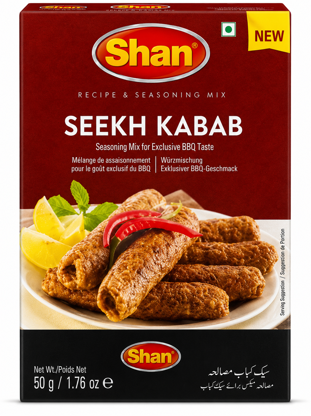Shan Seekh Kabab Seasoning Mix packaging box, featuring a deep red background with the Shan logo, a yellow 'NEW' banner, and a photo of cooked kababs on a plate with lemon and chili.