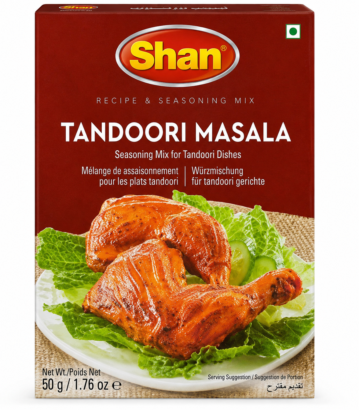 A 50 g box of Shan Tandoori Masala seasoning mix, featuring a deep red packaging design with the yellow Shan logo and a photo of cooked chicken on lettuce.