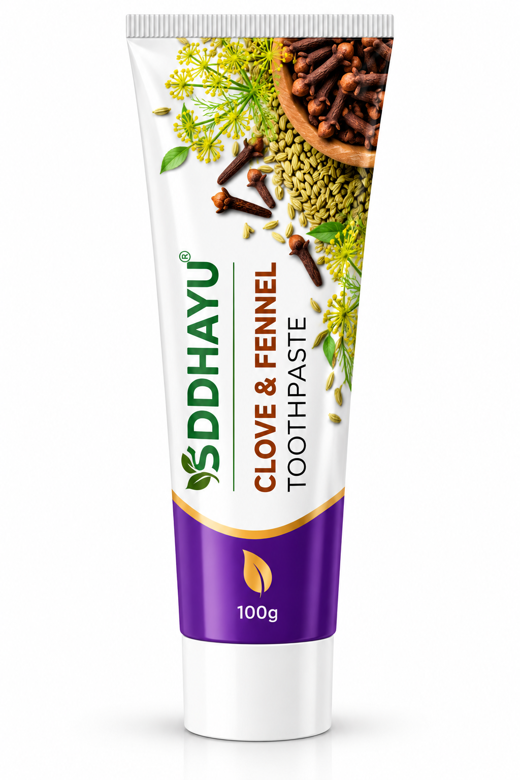 Siddhayu Clove and Fennel Toothpaste 100g in a white and purple tube with green branding, clove buds, fennel seeds and botanical illustrations.