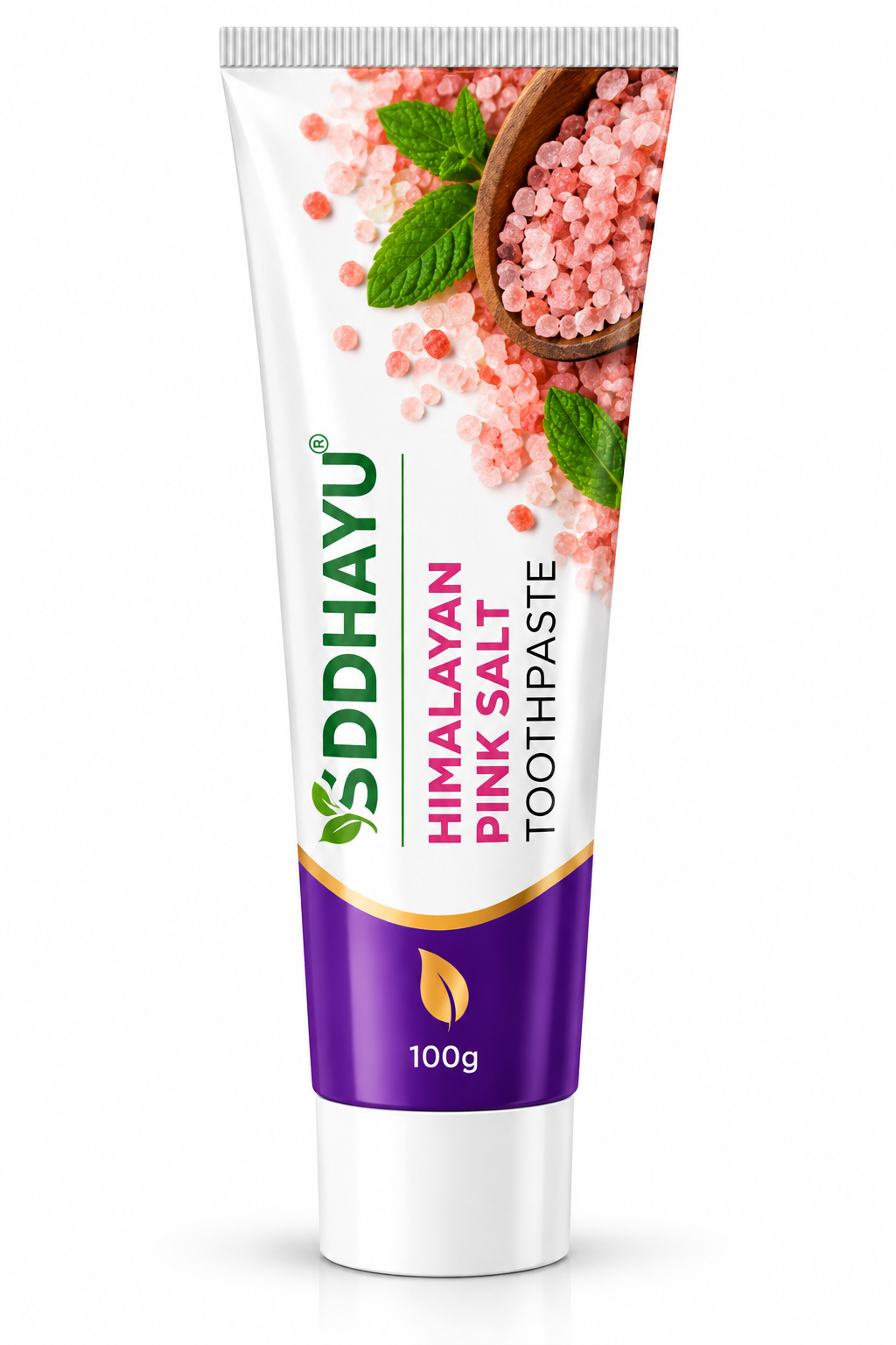 Siddhayu Himalayan Pink Salt Toothpaste 100g in a white and purple tube with pink lettering, Himalayan pink salt crystals, green leaves and a wooden scoop illustration.