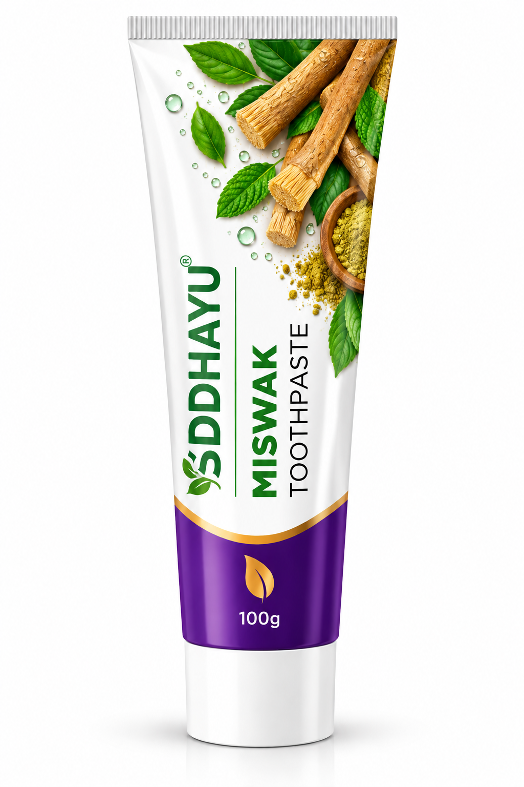 Siddhayu Miswak Toothpaste 100g in a white and purple tube with green branding, natural miswak sticks, fresh green leaves and botanical illustrations.