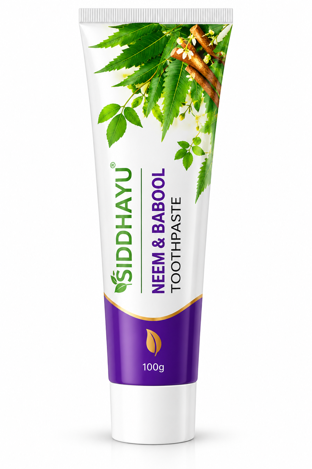 Siddhayu Neem and Babool Toothpaste 100g in a white tube with a purple base, green branding and neem and babool leaf illustrations.