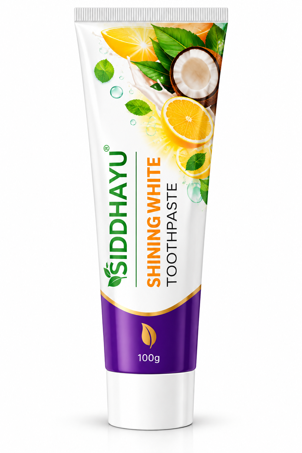 Siddhayu Shining White Toothpaste 100g in a white tube with a purple base, green and orange branding, and lemon, coconut and green leaf illustrations.