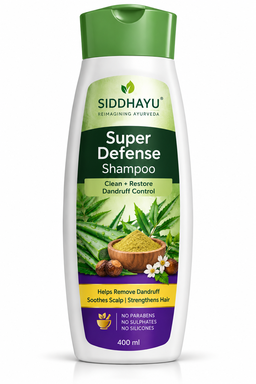 Siddhayu Super Defense Clean + Restore Dandruff Shampoo 400ml in a white bottle with a green cap, featuring aloe vera, green leaves and herbal ingredients on the label.