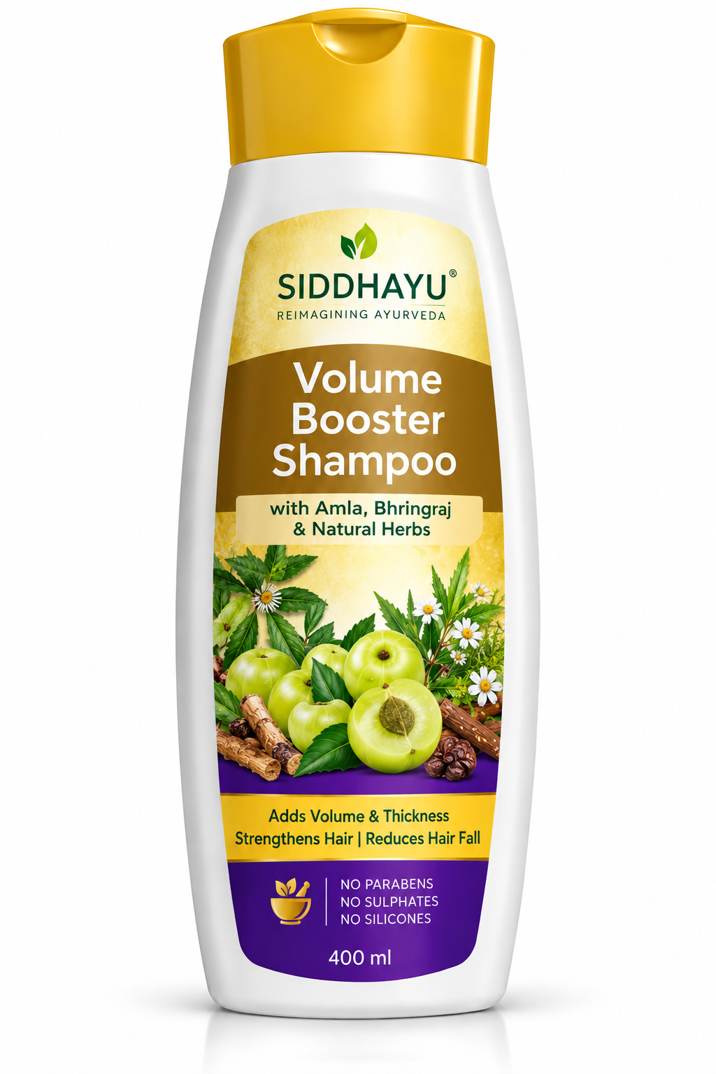 Siddhayu Volume Booster Shampoo 400ml in a white bottle with a yellow cap, featuring amla fruits, green leaves and herbal ingredients on the label.