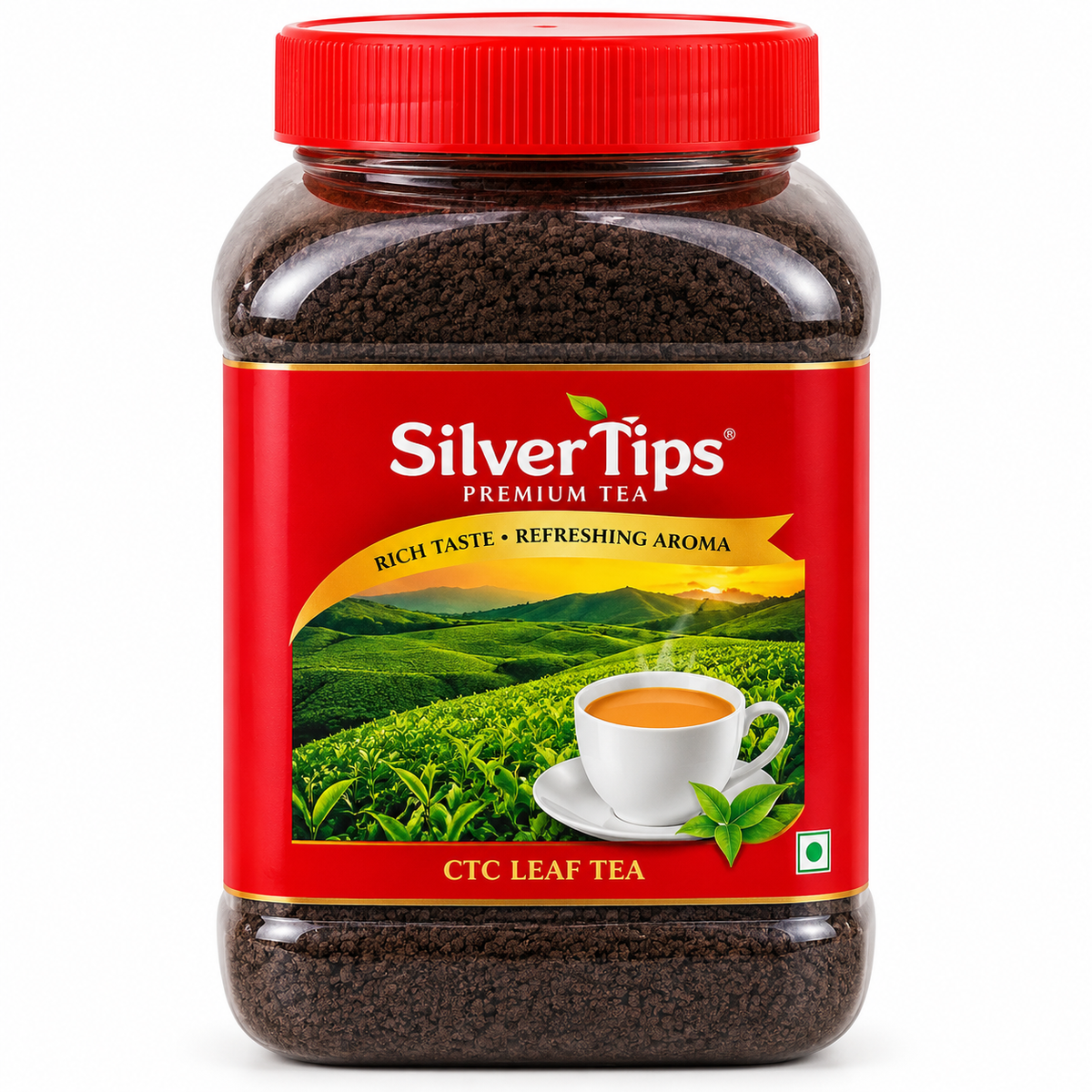 Silvertips Premium CTC Leaf Tea 225g in a transparent dark-brown jar with a red lid and red-and-gold label, featuring a tea plantation, a cup of tea and fresh green tea leaves.