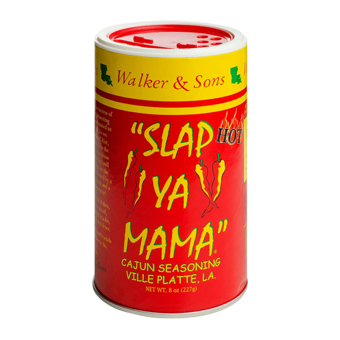 8oz container of Slap Ya Mama Cajun Hot Seasoning Blend with bold Louisiana flavor