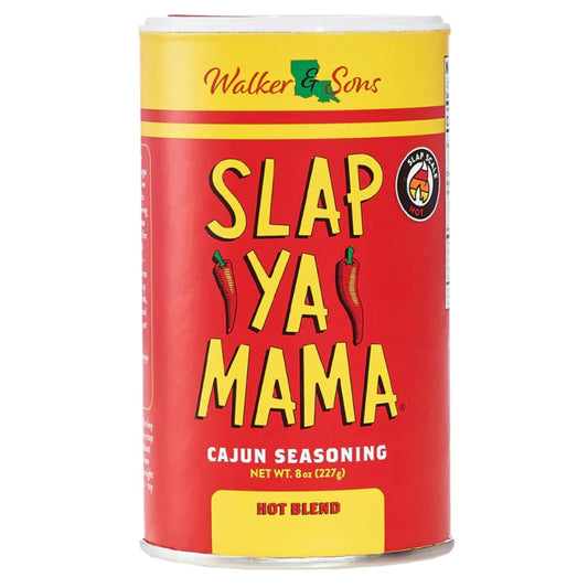 Can of Slap Ya Mama Cajun seasoning with red and yellow label on a white background