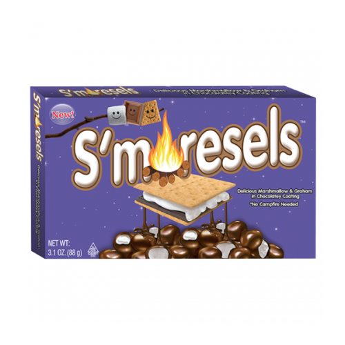 Cookie Dough Bites S’moresels bite-sized treats with chocolate, marshmallow, and cookie dough on a white background.