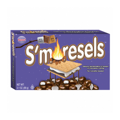 Cookie Dough Bites S’moresels bite-sized treats with chocolate, marshmallow, and cookie dough on a white background.