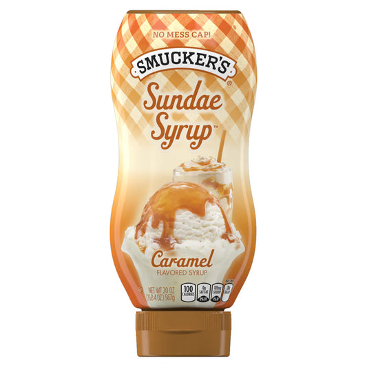 A squeezable bottle of Smucker’s Caramel Sundae Syrup (567 g) with a flip-top cap, featuring a caramel drizzle design on the label.