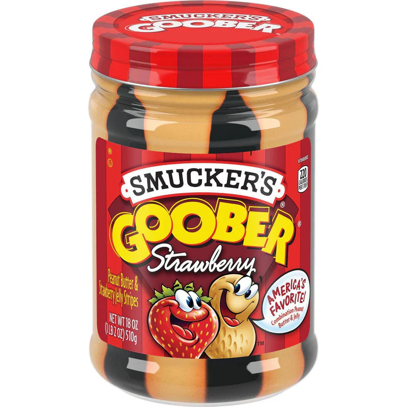 Smucker’s Goober Strawberry Peanut Butter & Jelly Stripes, 510g jar with alternating peanut butter and strawberry layers