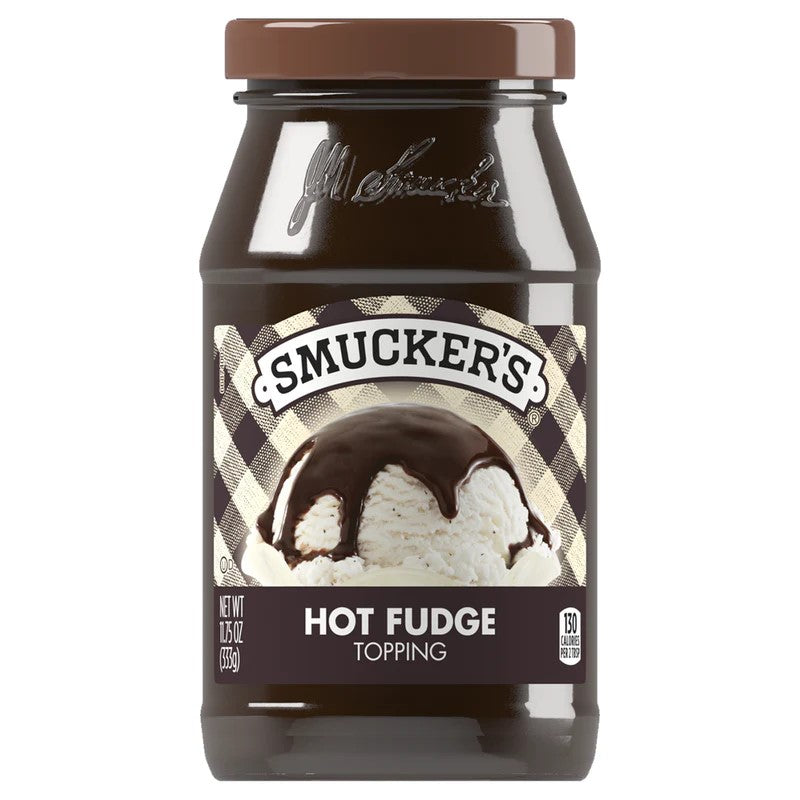 Jar of Smucker's Hot Fudge Topping, 340 g, perfect for ice cream and desserts.