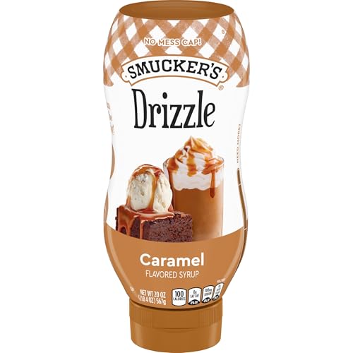 Smucker's Drizzle Caramel flavored syrup container on a white background