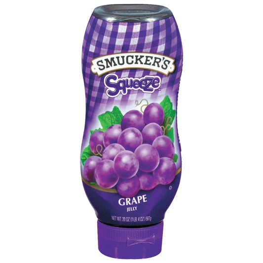 Smucker’s Squeezy Grape Jelly, 12 bottles of 566g each.