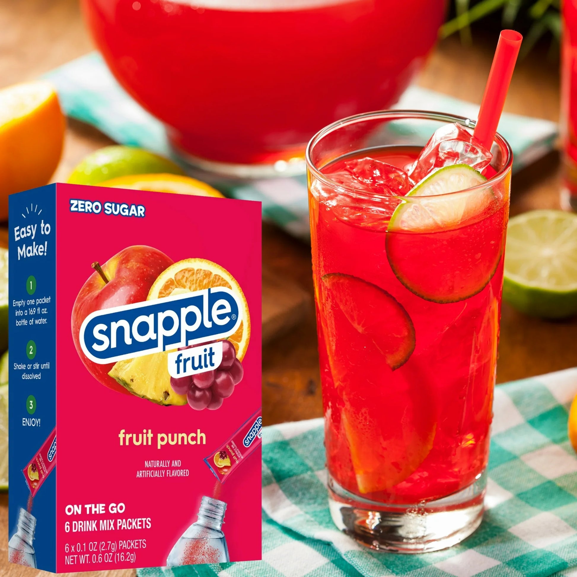 Snapple Fruit Punch Singles To Go drink mix, 0.6 oz (16.2 g) single-serve packet.