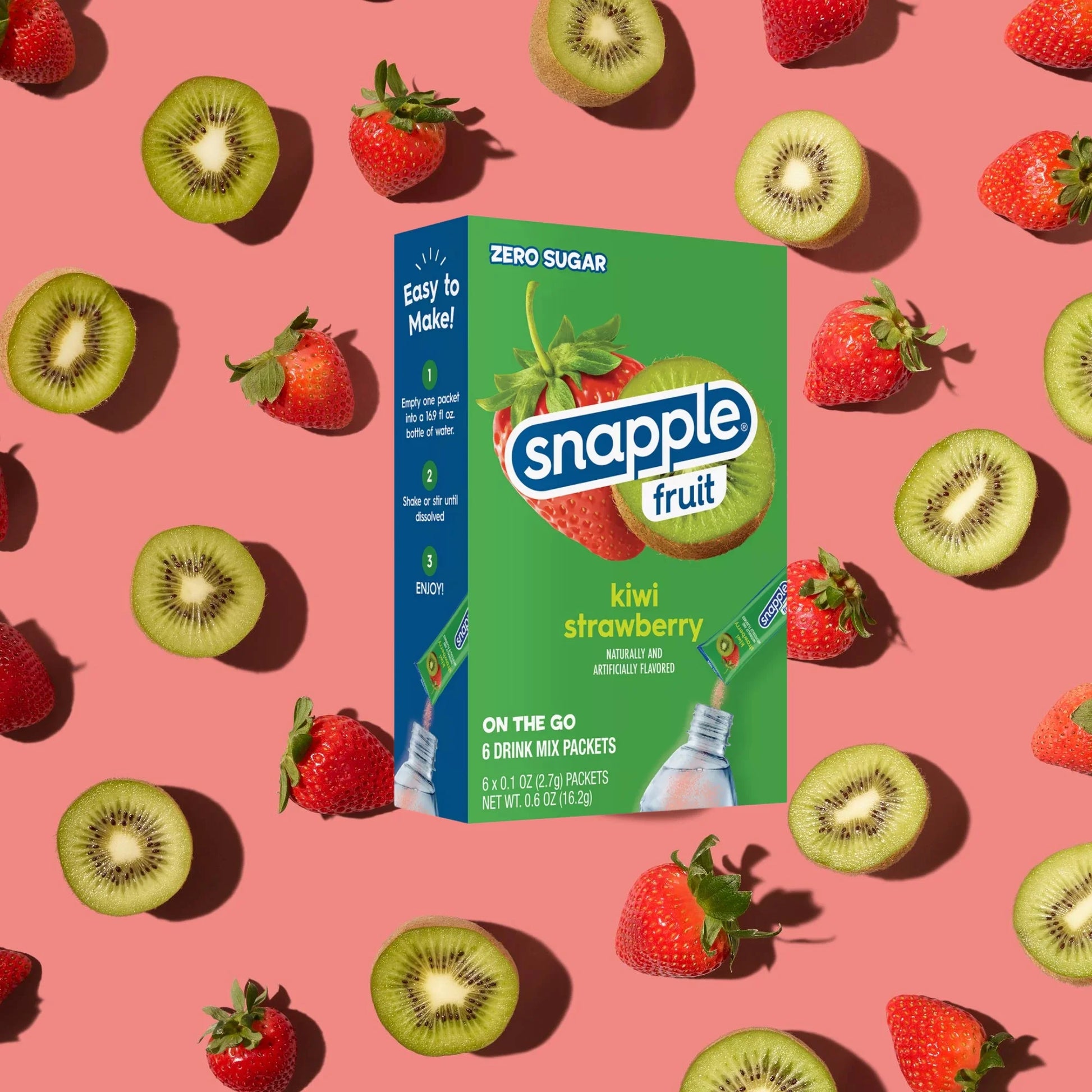 Single-serve Snapple Kiwi Strawberry powdered drink mix, 0.6 oz, fruity instant drink mix.