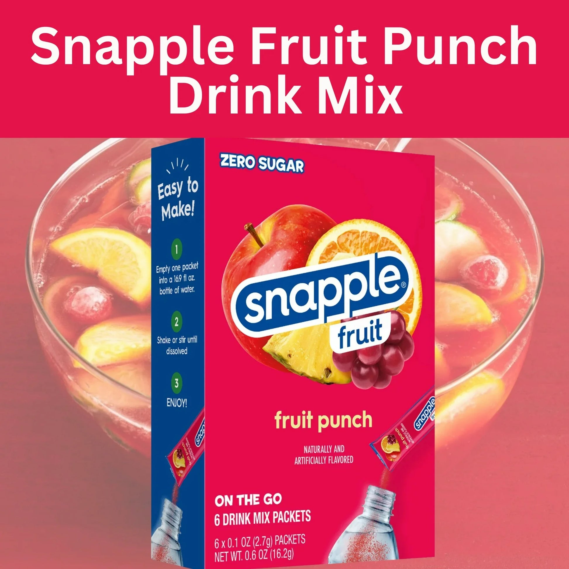 Single-serve Snapple Fruit Punch powdered drink mix, 0.6 oz, fruity instant drink packet.
