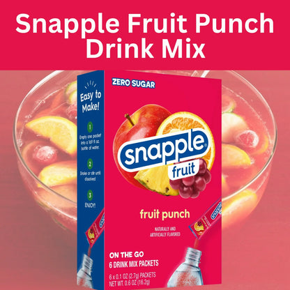 Single-serve Snapple Fruit Punch powdered drink mix, 0.6 oz, fruity instant drink packet.