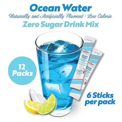 Sonic Singles To Go Ocean Water Zero Sugar packet, 0.75 oz, portable tropical drink mix.