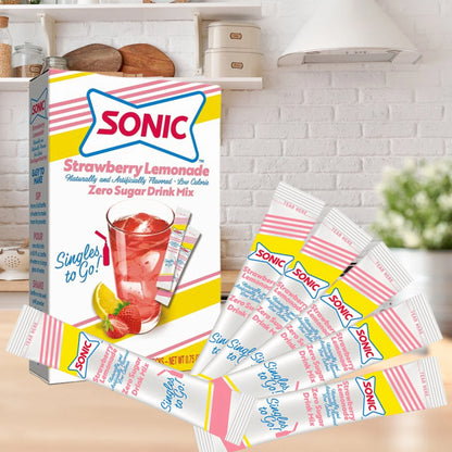 Single-serve Sonic Strawberry Lemonade Zero Sugar powdered drink mix, 0.75 oz, portable fruity mix.
