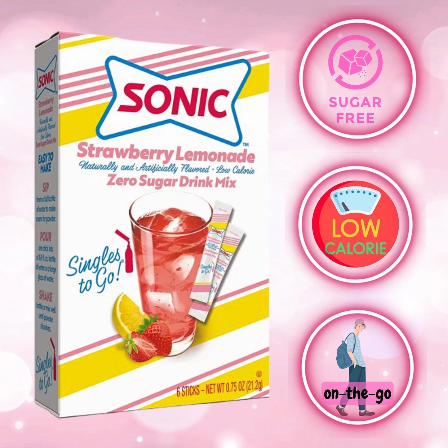 Sonic Zero Sugar Strawberry Lemonade Singles To Go drink mix, 0.75 oz (21.2 g) single-serve packet.