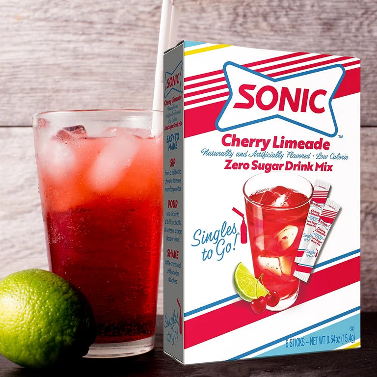 Sonic Zero Sugar Cherry Limeade Singles To Go drink mix, 0.75 oz (21.2 g) single-serve packet.