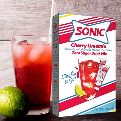 Sonic Zero Sugar Cherry Limeade Singles To Go drink mix, 0.75 oz (21.2 g) single-serve packet.