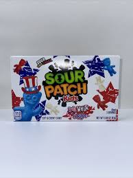 Bag of Sour Patch Kids Red, White & Blue Soft Chewy Candy, featuring sour gummies in red, white, and blue, with playful Sour Patch Kids characters on the packaging.