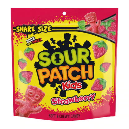 Sour Patch Kids Share Size Strawberry Pouch, featuring tangy sour-coated strawberry-flavored gummies with a sweet center.