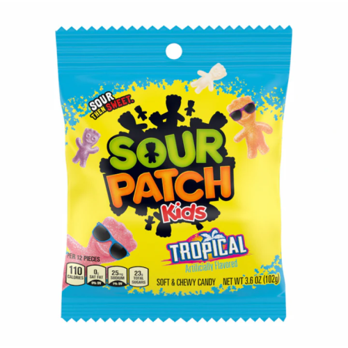 Sour Patch Tropical Bags (102g) featuring sour-coated tropical fruit-flavored gummies with a sweet center.