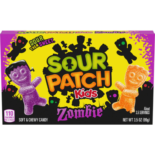 A theatre box of Sour Patch Kids Zombies, featuring chewy, sour-coated gummy candies shaped like playful zombies. The box is colorful and vibrant, with fun, spooky packaging perfect for Halloween or any candy lover.