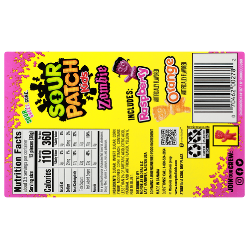 A theatre box of Sour Patch Kids Zombies, featuring chewy, sour-coated gummy candies shaped like playful zombies. The box is colorful and vibrant, with fun, spooky packaging perfect for Halloween or any candy lover.