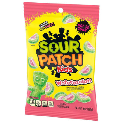 Sour Patch Kids Watermelon Bags (226g), featuring sour-coated watermelon-flavored gummies with a sweet center.