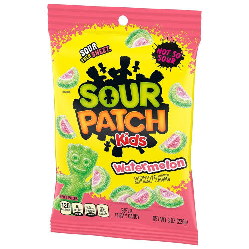 Sour Patch Kids Watermelon Bags (226g), featuring sour-coated watermelon-flavored gummies with a sweet center.