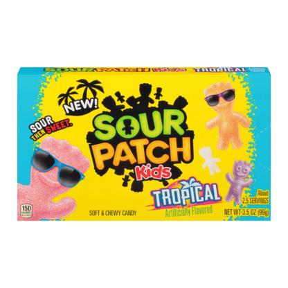 Close-up Sour Patch Kids Tropical gummies – colourful chewy sour-then-sweet pieces in pineapple, mango, and passion fruit flavours