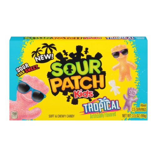 Close-up Sour Patch Kids Tropical gummies – colourful chewy sour-then-sweet pieces in pineapple, mango, and passion fruit flavours
