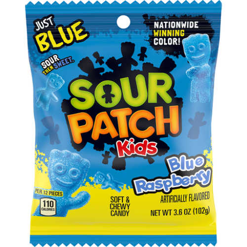 Sour Patch Kids Blue Raspberry – soft blue chewy gummies coated in sour sugar