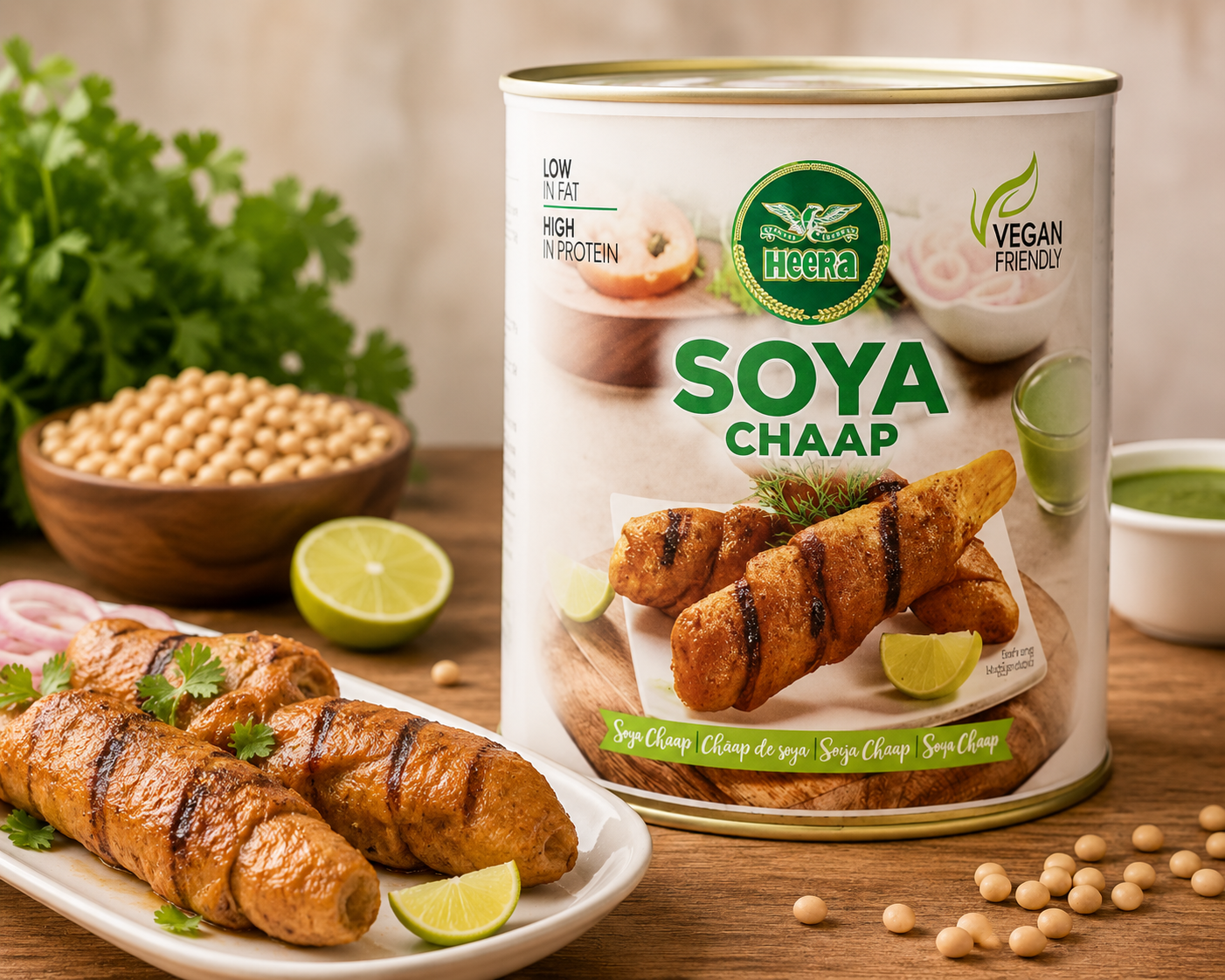 A can of Hega Soya Chaap (soy chickpea wrap) displayed on a wooden table with cooked wraps, chickpeas, lime, and herbs in a styled setting.