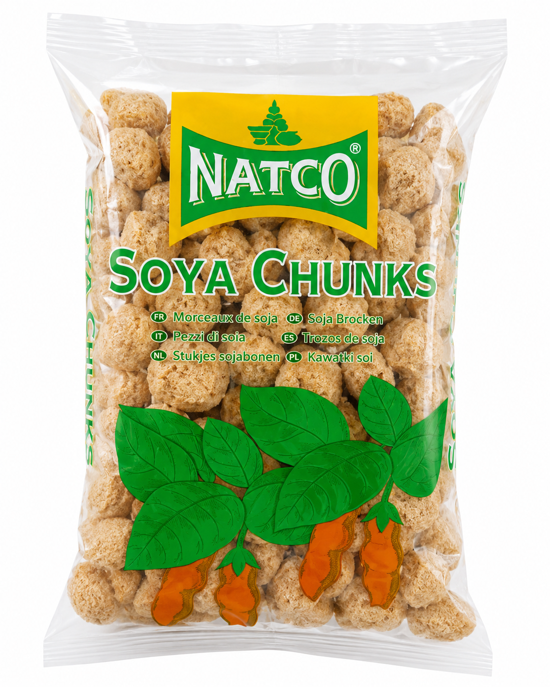 A clear plastic bag of NATCO Soya Chunks, showing the light brown textured soybean pieces inside. The packaging features a yellow and green brand label at the top and a graphic of green leaves and orange soybeans at the bottom.