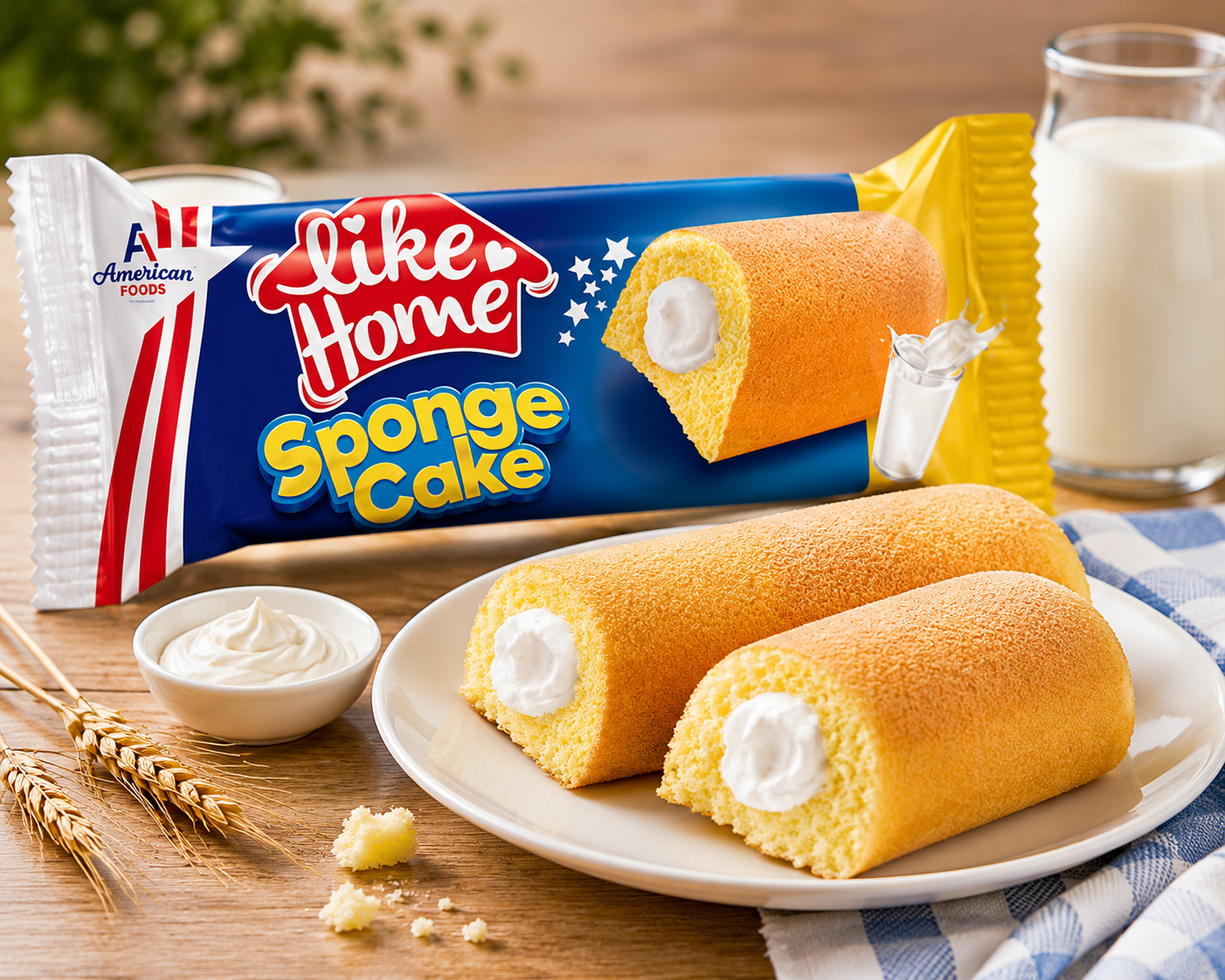 Two slices of golden sponge cake with white cream filling on a white plate, with the package of American Foods Like Home Sponge Cake in the background on a wooden table.