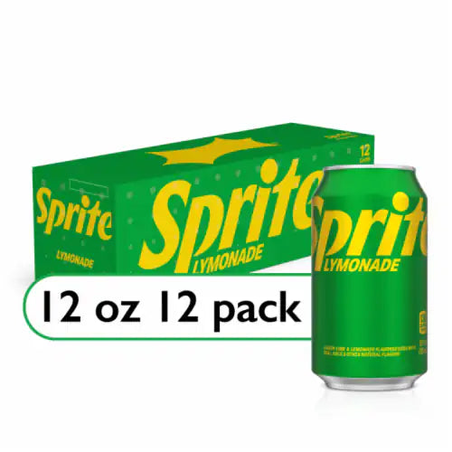 Sprite Lymonade 12-pack of 355ml cans with lemonade-flavored Sprite, offering a refreshing citrus drink with a fizzy texture, perfect for sharing.