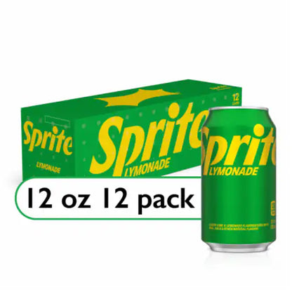 Sprite Lymonade 12-pack of 355ml cans with lemonade-flavored Sprite, offering a refreshing citrus drink with a fizzy texture, perfect for sharing.