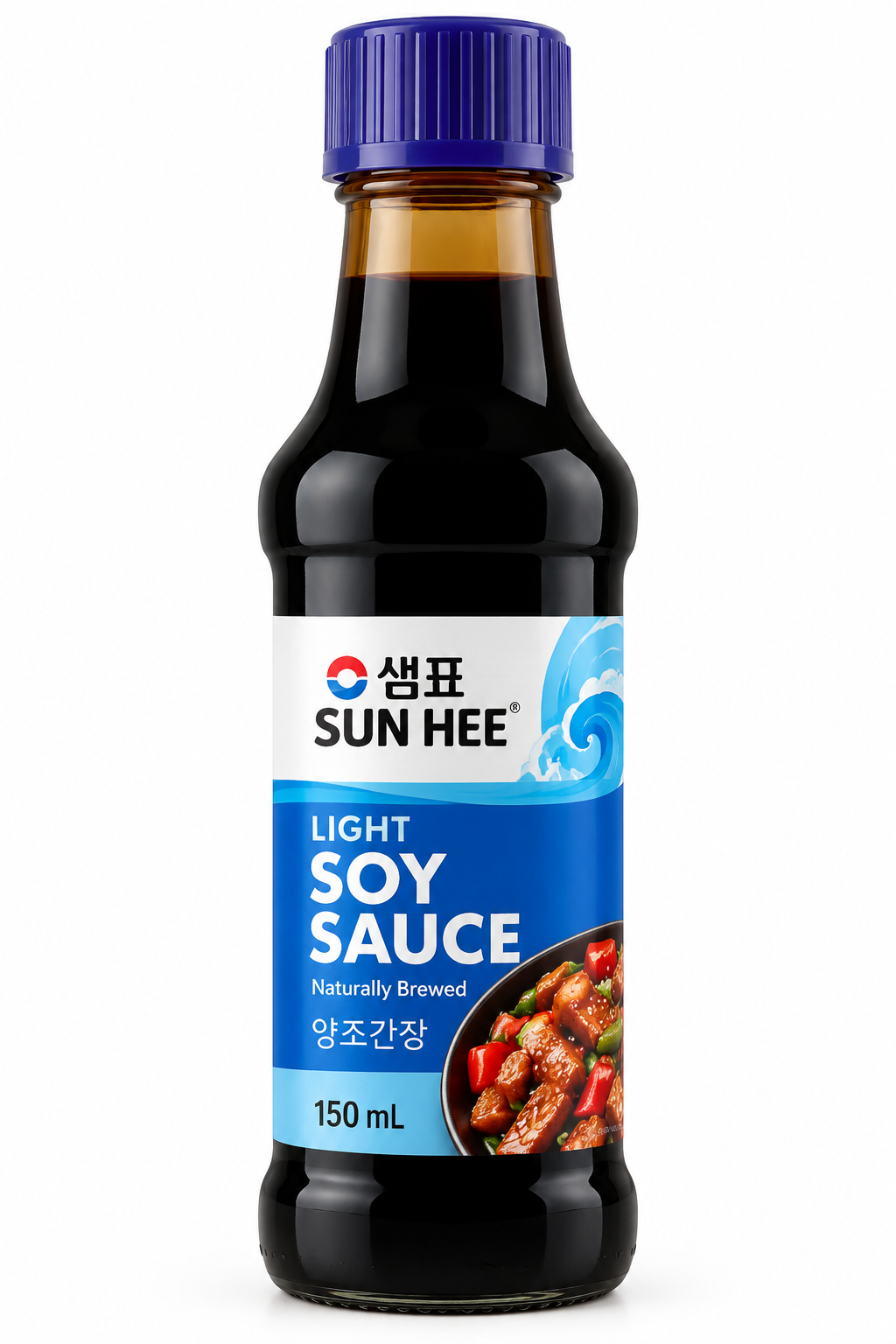 Sun Hee Light Soy Sauce 150ml bottle with a blue cap and blue-and-white label, featuring naturally brewed soy sauce and a savoury food serving suggestion.
