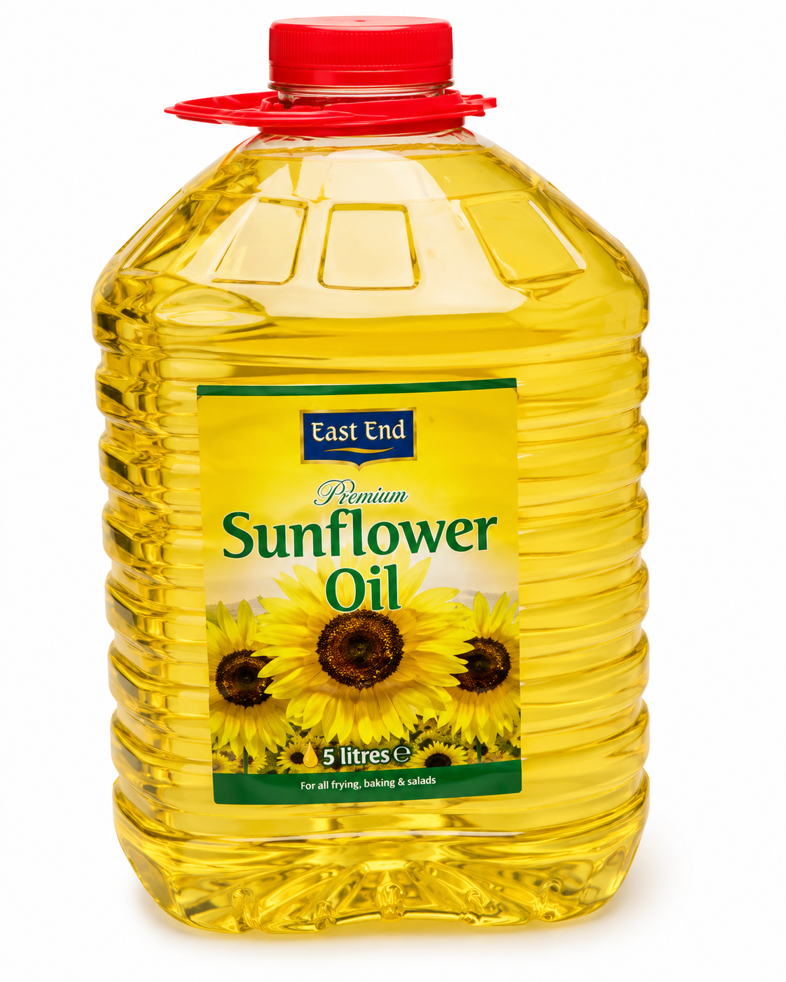 A 5-liter plastic bottle of East End Premium Sunflower Oil with a red cap and a yellow label featuring sunflower graphics, isolated on a white background.